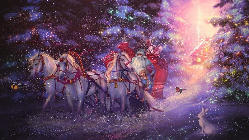 'Russian Santa Claus', holidays, attractions in dreams, most ed, digital art, santa claus, xmas and new year, fantasy, manipulation, light, animals, rabbit, christmas, love four seasons, birds, butterflies, trees, abstract, carriage, horses, winter, snow, HD wallpaper