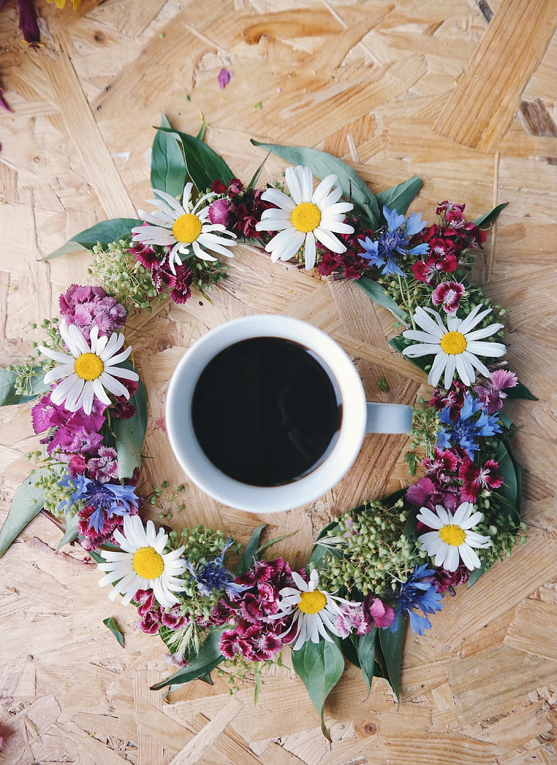 coffee, cup, flowers, wreath, surface, HD phone wallpaper