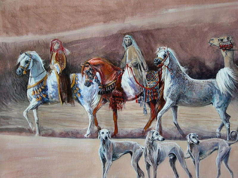 Arabian Horses F, art, equine, bonito, horse, artwork, canine, animal, painting, wide screen, camel, Arabians, dog, greyhounds, HD wallpaper