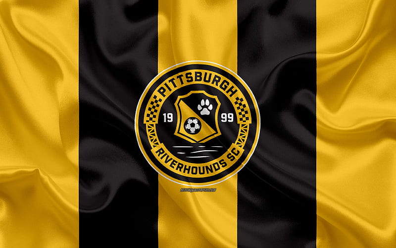 Pittsburgh Riverhounds SC American football club, logo, yellow-black flag, emblem, USL Championship, Pittsburgh, Pennsylvania, USA, USL, silk texture, soccer, United Soccer League, HD wallpaper