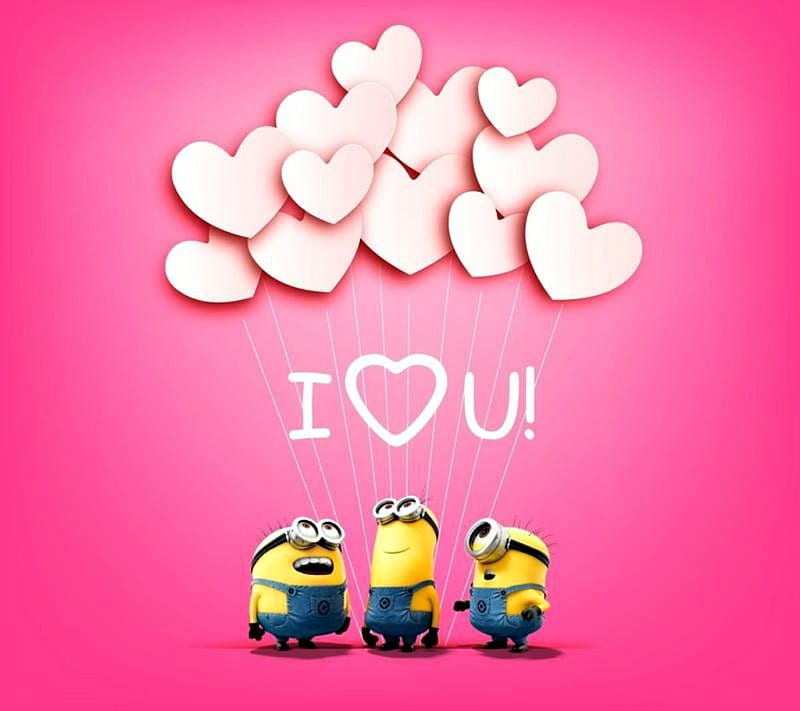 Minions (2015), poster, movie, yellow, valentine, cute, minions, animation, love, heart, balloons, funny, white, pink, HD wallpaper