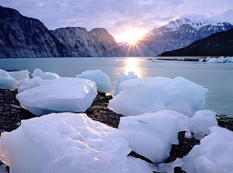 Blocks of Ice on the River, mountains, ice, nature, river, sunset, reflection, HD wallpaper