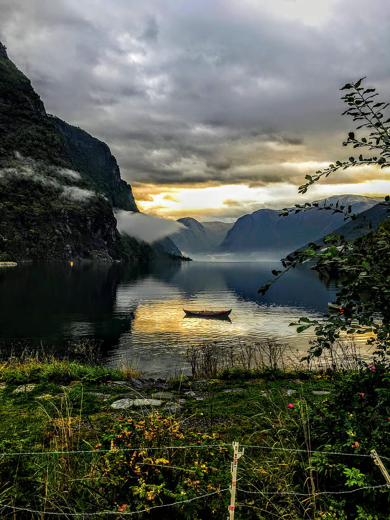 Afternoon in Norway, boat, cloud, lake, mountains, sun, valley, wonderful landscape, HD phone wallpaper