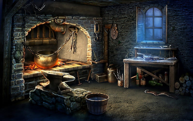 The Blacksmith, fireplace, window, anvil, painting, tools, workshop, HD wallpaper