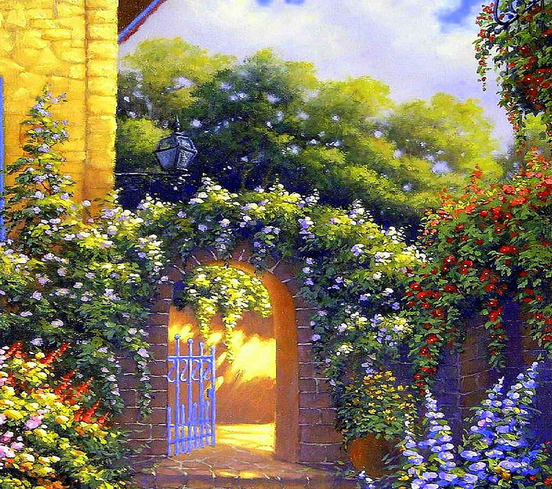 ★Beautiful Door★, gate, lovely, houses, colors, love four seasons, bonito, attractions in dreams, creative pre-made, trees, door, paintings, flowers, gardens, HD wallpaper