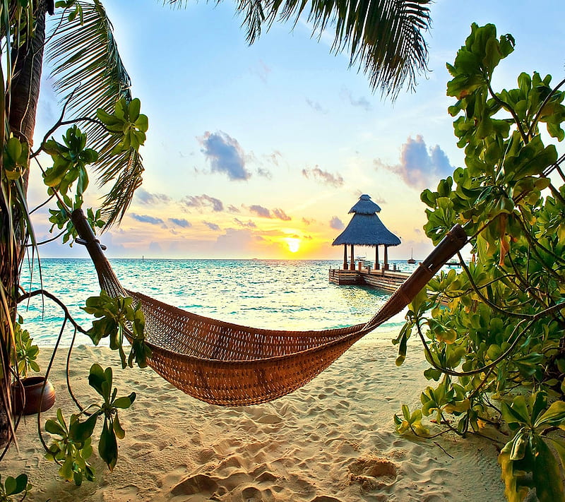 paradise, background, beach, bonito, cool, hut, nature, toripical, HD wallpaper