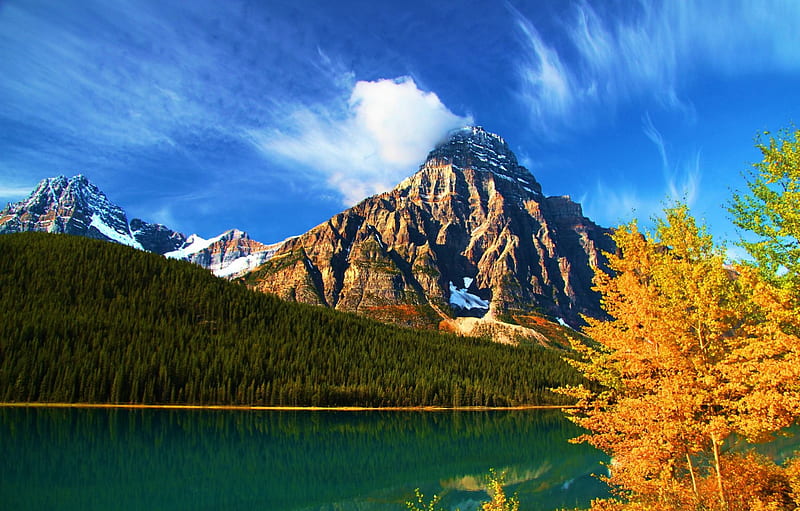 Lower Waterfowl Lake, Banff National Park, Alberta, mountain, autumn, seasonal, water, trees, clouds, HD wallpaper