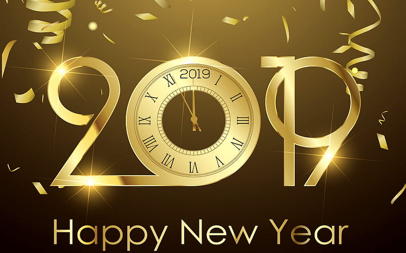 Happy New Year 2019, golden background with clock, background for 2019 postcards, creative art, 2019 concepts, 2019 year, HD wallpaper
