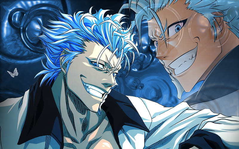 Grimmjow Jeagerjaques, bleach, smiles, collar, short hair, butterfly, blue hair, anime, collared shirt, face, grimmjow, blue eyes, teeth, blue, HD wallpaper