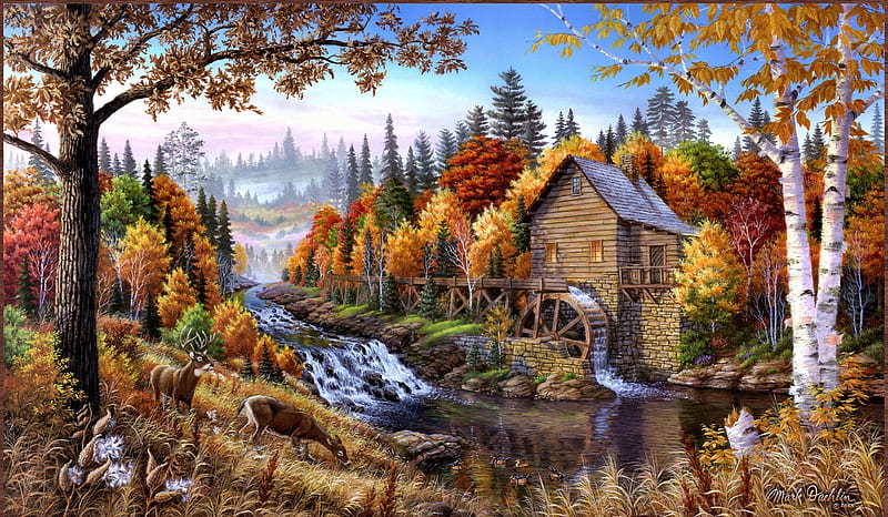 Watermill, toamna, autumn, mark daehlin, HD wallpaper