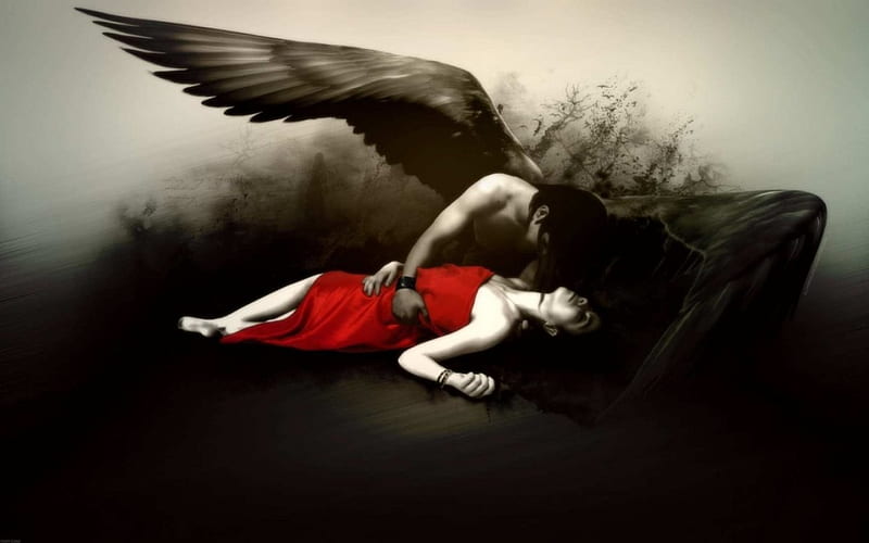 Fallen Angel, art, fantasy, angel, dark, man, woman, HD wallpaper
