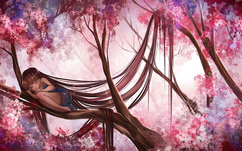 Rapunzel, tree, sleep, girl, anime, manga, pink, HD wallpaper | Peakpx