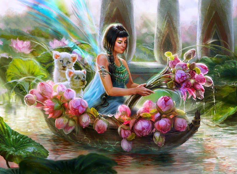 Princess of Egypt, pretty, art, lotus, cat, woman, fantasy, girl, digital, flowers, princess, nile, egypt, HD wallpaper