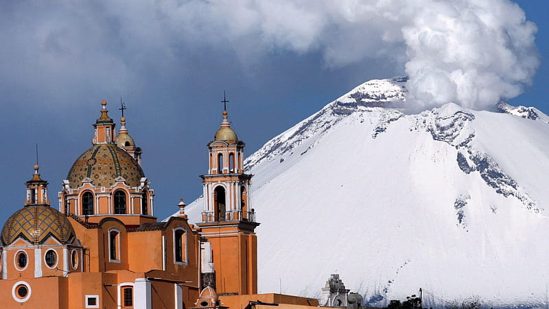 church under volcano in puebla mexico, mountain, eruption, steam, church, volcano, HD wallpaper