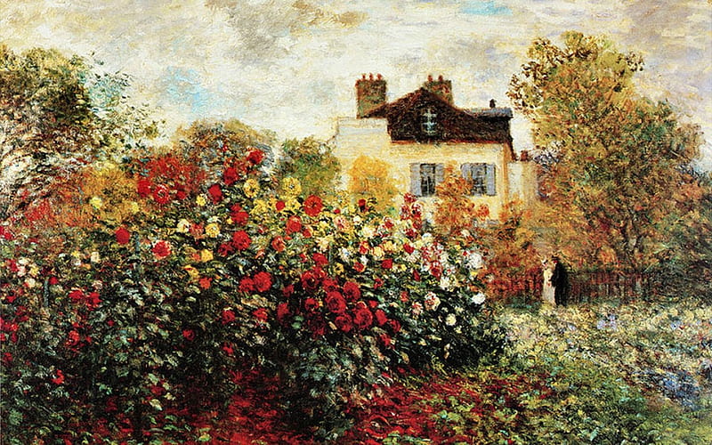 The Artist's Garden 1, art, Monet, Claude Monet, artwork, painting, wide screen, flowers, garden, scenery, landscape, HD wallpaper