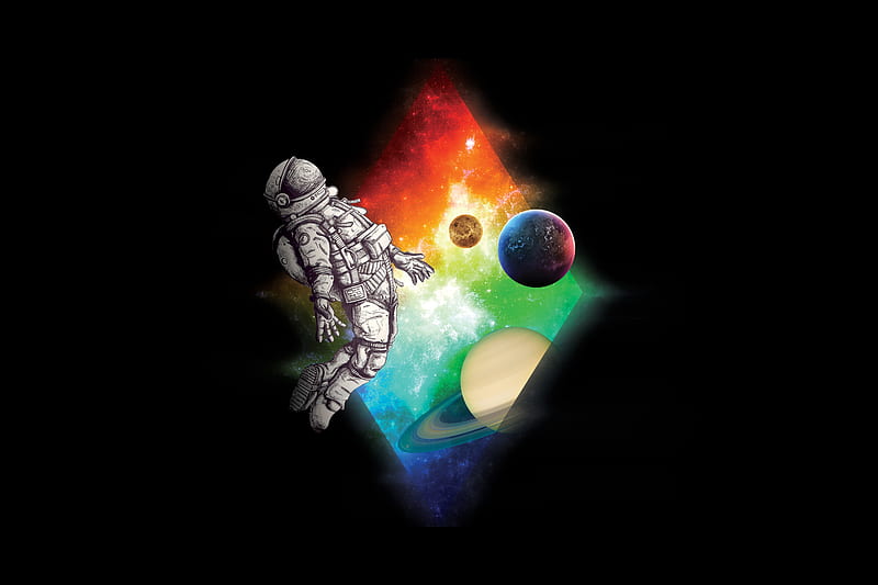 astronaut, planet, space, rhombus, art, HD wallpaper