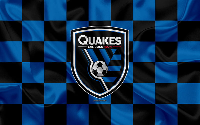 San Jose Earthquakes logo, creative art, blue black checkered flag, American Soccer club, MLS, emblem, silk texture, San Jose, California, USA, football, Major League Soccer, HD wallpaper