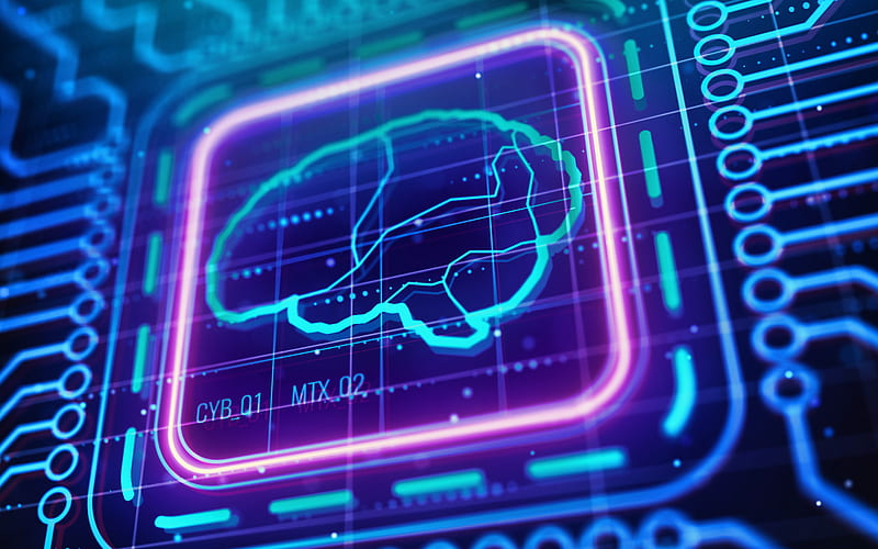 brain concepts, blue neon brain, chip, board, blue technology background, artificial Intelligence, HD wallpaper
