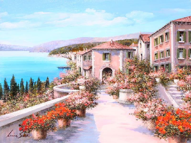 Lake Garda, buildings, trees, sky, clouds, lake, mountains, plants, painting, flowers, HD wallpaper