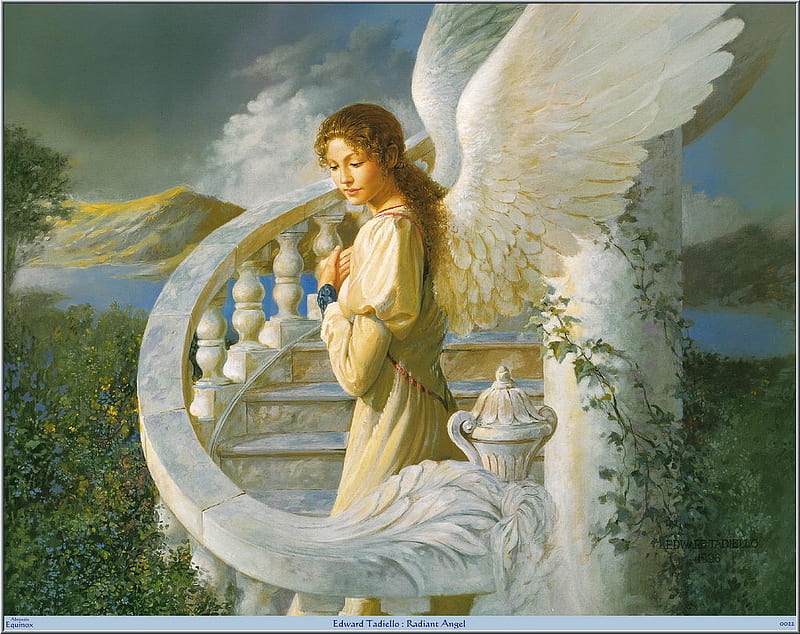 Radiant Angel, mountain, stairway, lake, angel, HD wallpaper