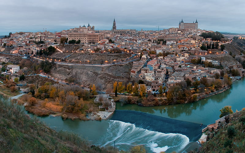 Toledo, evening, sunset, river, Toledo Cathedral, Toledo panorama, Toledo cityscape, Spain, HD wallpaper