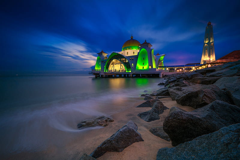 Mosques, Malacca Straits Mosque, Malaysia, HD wallpaper