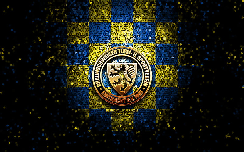 Braunschweig FC, glitter logo, Bundesliga 2, blue yellow checkered background, soccer, german football club, Braunschweig logo, mosaic art, football, Eintracht Braunschweig, HD wallpaper