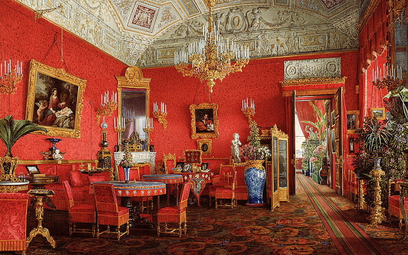The red room, ornaments, chandelier, old, decor, candles, lounge, paintings, red room, antique, vases, gilt, ceiling, HD wallpaper