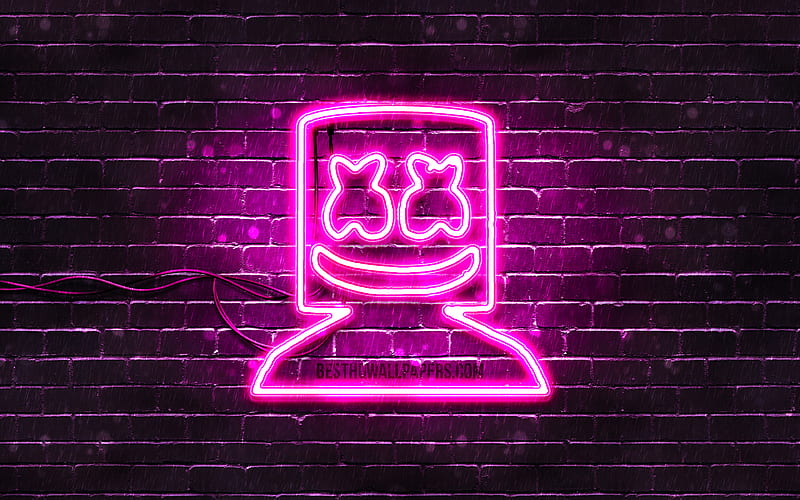 Marshmello, purple brickwall music stars, Christopher Comstock, purple neon signs, Purple neon Marshmello, music brands, DJ Marshmello, HD wallpaper