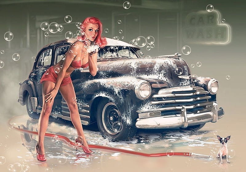 Bubbles, redhead, wash, car, dog, HD wallpaper
