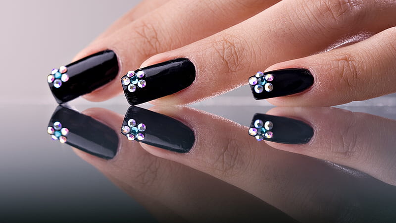 blak fingernails, black, nailart, finger, nails, HD wallpaper