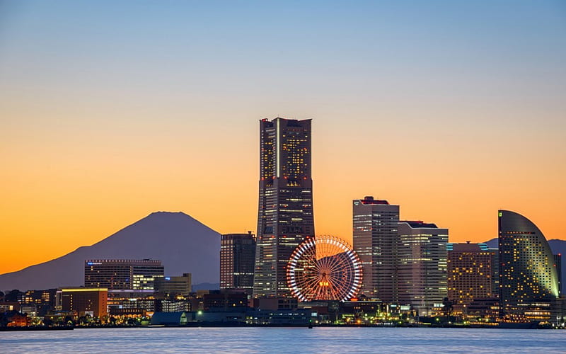 Yokohama, japanese, ocean, sunset, japan, city, ferris wheel, scenery, fuji, HD wallpaper