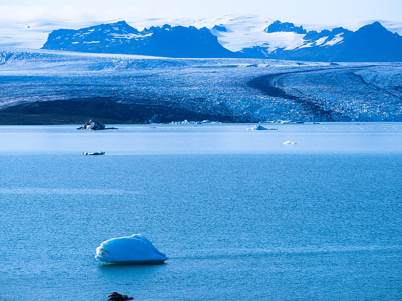 sea, ice, glacier, shore, mountains, landscape, HD wallpaper