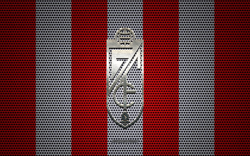 Granada CF logo, Spanish football club, metal emblem, red white metal mesh background, Granada CF, La Liga, Granada, Spain, football, HD wallpaper