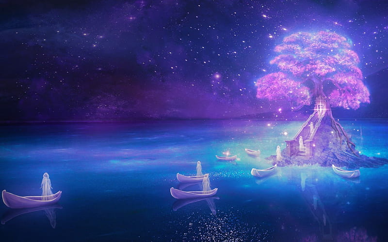 Fantasy, world, stars, art, sky, lake, spirits, tree, boat, water, lilia osipova, pink, blue, night, HD wallpaper