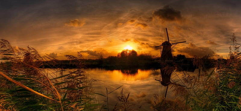 Mill at sunset, amazing, mill, grass, wind, bonito, sunset, sky, lake, water, serenity, river, reflection, HD wallpaper