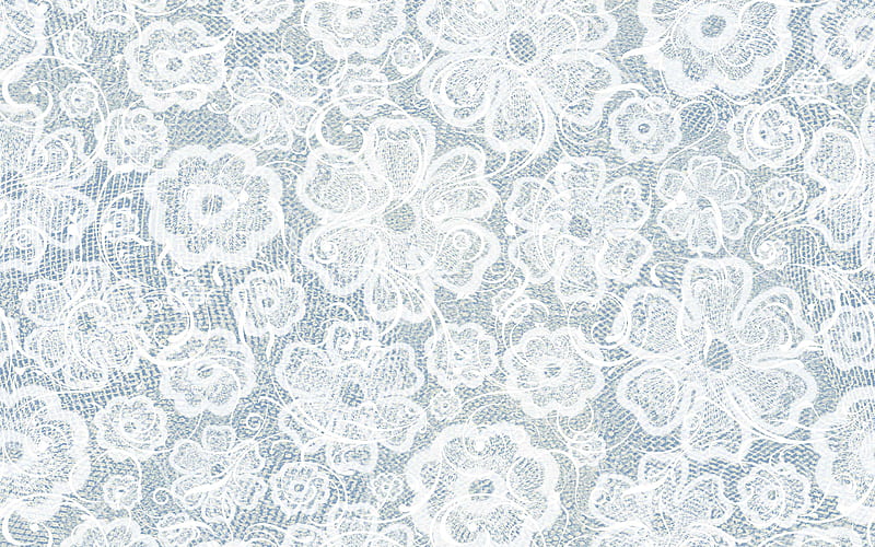 floral lace pattern, blue floral background, white floral lace, macro, lace textures, lace patterns, HD wallpaper