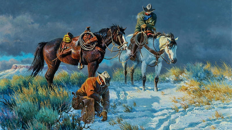 Tracking in the Snow, Rope, Marshal, Tall Grass, Bridle, Horses, Winter, Cowboys, Saddle, Shotgun, Dark Sky, Chaps, Clouds, Gun, Snow, Painting, HD wallpaper