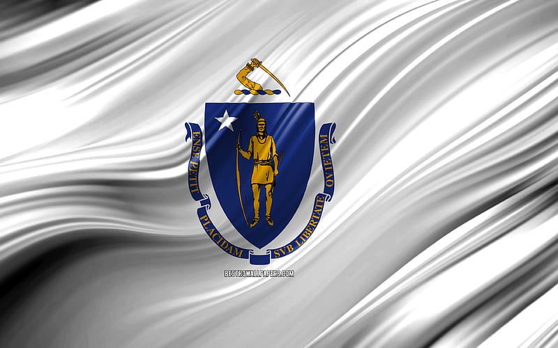 Massachusetts flag, american states, 3D waves, USA, Flag of Massachusetts, United States of America, Massachusetts, administrative districts, Massachusetts 3D flag, States of the United States, HD wallpaper