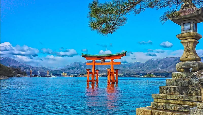 Itsukushima shrine in a japanese bay r, mountains, oriental, shrine, r,  bay, HD wallpaper | Peakpx