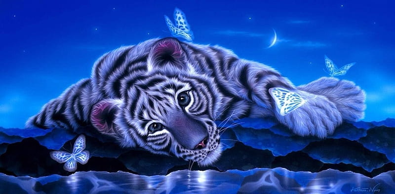 Tiger, tigru, white, pictura, blue, art, frumusete, luminos, kentaro nishino, fantasy, butterfly, painting, HD wallpaper
