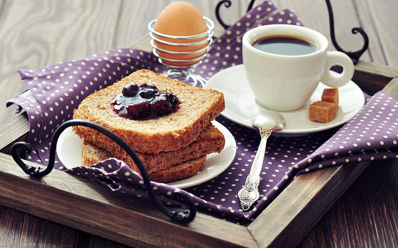Breakfast, coffee, egg, jam, cup, bread, HD wallpaper