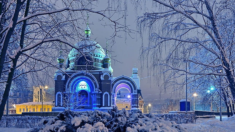 Russian Winter, city, snow, church, trees, frost, HD wallpaper