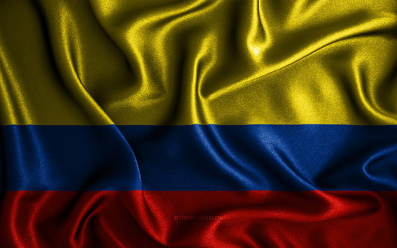 Colombian flag silk wavy flags, South American countries, national symbols, Flag of Colombia, fabric flags, Colombia flag, 3D art, Colombia, South America, Colombia 3D flag, HD wallpaper