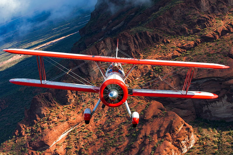 Those Daring Young Men and Their Flying Machines, red, aircraft, biwing, mountains, HD wallpaper