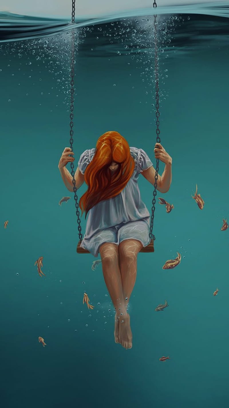 Lonely Girl, sea, underwater swing, HD phone wallpaper
