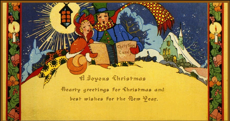 Merry Christmas!, red, house, lantern, card, green, people, child, light, christmas, music, joy, winter, mistletoe, boy, song, girl, snow, HD wallpaper