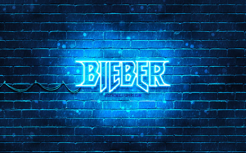 Justin Bieber blue logo american singer, blue brickwall, Justin Bieber logo, Justin Drew Bieber, Justin Bieber, music stars, Justin Bieber neon logo, HD wallpaper