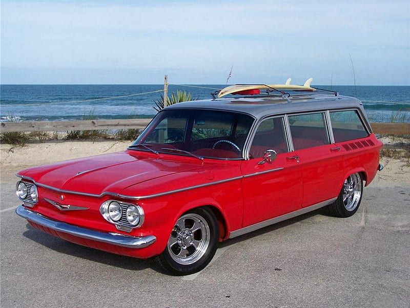 1962 Chevy Corvair Station Wagon, ocean, 1962, chevy, surf, old, sea, surfboard, board, station wagon, antique, 62, chevrolet, car, classic, vintage, HD wallpaper