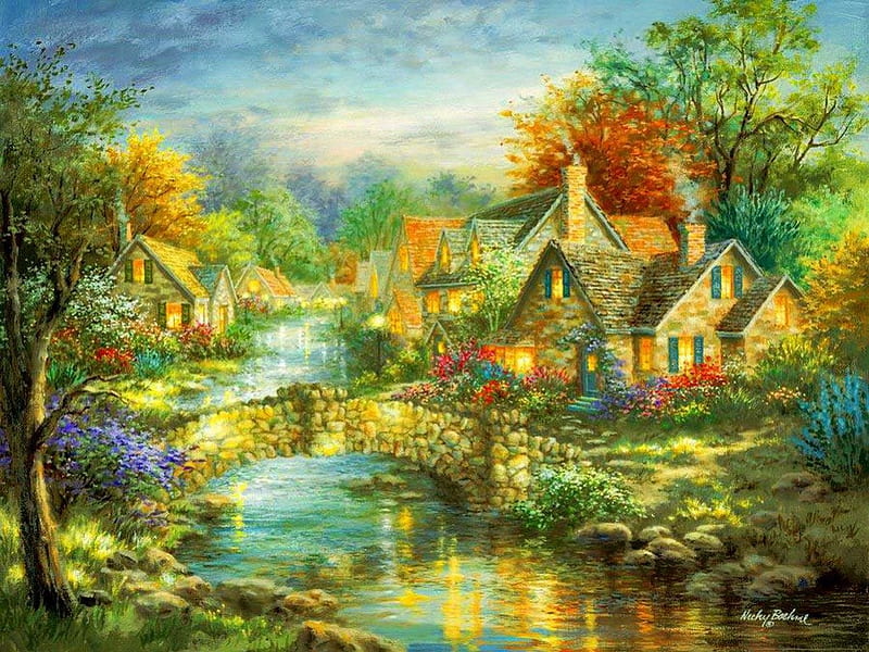 Dreamy village, pretty, glow, dreamy, shore, cottages, cabin, bonito, countryside, nice, fantasy, bridge, painting, village, beauty, river, reflection, art, quiet, calmness, faurytale, lovely, houses, creek, sky, trees, serenity, paradise, peaceful, summer, HD wallpaper
